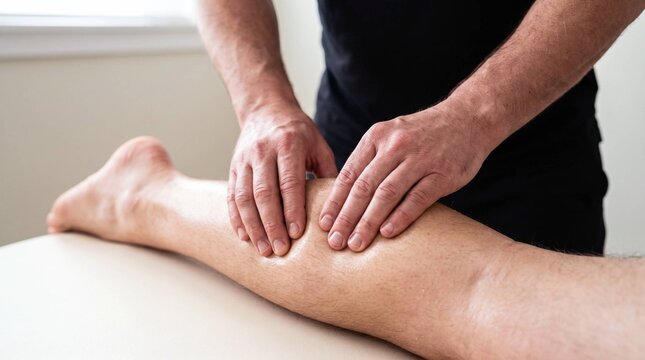Physical therapist massaging patient calf muscle on treatment table for sports recovery