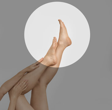 Female legs raised up with hands touching the calf inside a highlighted graphic circle. Vascular laser therapy and spider vein removal treatment