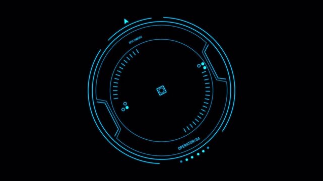 Futuristic circular HUD radar interface animation with glowing blue neon elements, scanning indicators, digital targeting system and sci-fi technology design on transparent background.