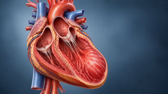 Detailed human heart anatomy showing chambers and heart valves