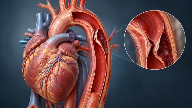 Aortic dissection of the ascending aorta with detailed heart anatomy