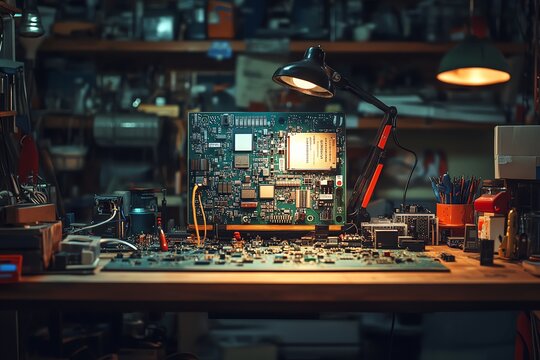 Detailed Electronics Repair Workspace with Circuit Boards and Tools Under Lamp Light