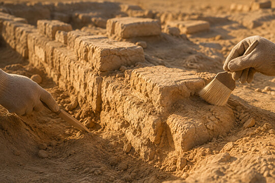 Ancient Mud Brick Wall Emerging from Desert Excavation