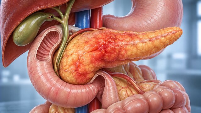 Detailed pancreas anatomy with liver gallbladder and digestive system