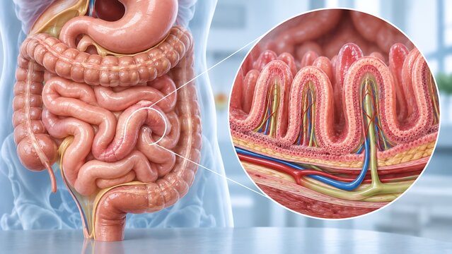 Detailed small intestine anatomy with intestinal villi and blood vessels
