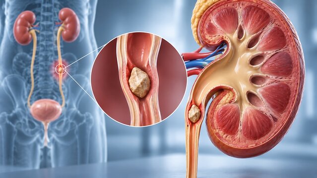 Kidney stone causing ureteral obstruction in urinary system anatomy