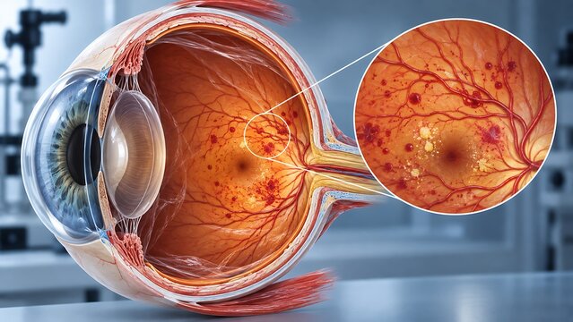 Diabetic retinopathy with retinal hemorrhages and macular damage