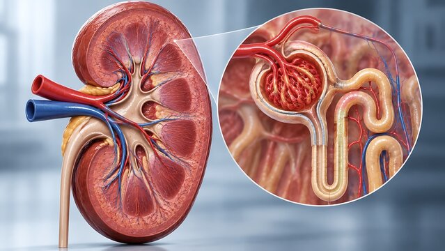 Detailed kidney anatomy with nephron and glomerulus structure