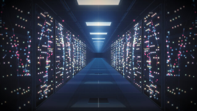 Modern Futuristic Server Room Corridor with AI Data Network Overlay Loop