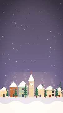 Vertical Flat Winter Village Christmas Night Snowfall Animation Loop