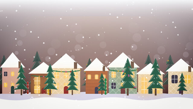 Horizontal Winter Christmas Village Snowing Landscape Background Loop