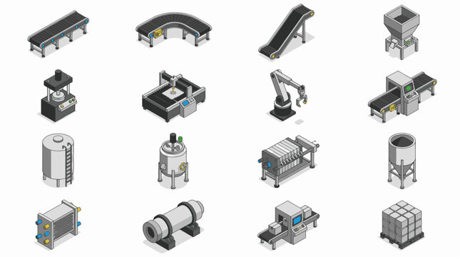 Industrial Isometric Illustrations of Various Factory Machinery and Equipment in Black Gray and Yellow