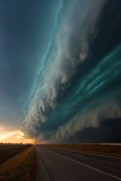 cloudscape over prairie with empty road at sunset, towering layered shelf cloud and orange glow at left, vertical view, photorealistic