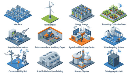Fototapeta premium Professional Illustrated Guide to Smart Agricultural and Renewable Energy Infrastructure Components