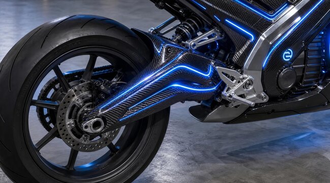 Electric motorcycle swingarm with carbon fiber texture in workshop