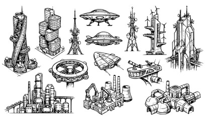 Collection of Futuristic Architecture Communication Towers Flying Saucers and Urban Structures Detailed Line Art Illustrations © Prodip