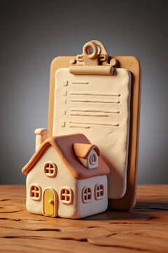 Small model house standing in front of a clipboard with a checklist on a wooden table representing real estate property inspection plans purchase agreements and mortgage approval processes for buyers