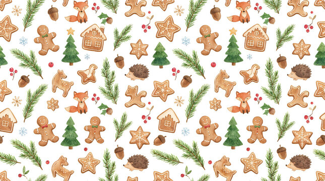 Gingerbread Cookies and Pine Trees Watercolor Illustration, Festive Holiday Design, Whimsical Winter Pattern