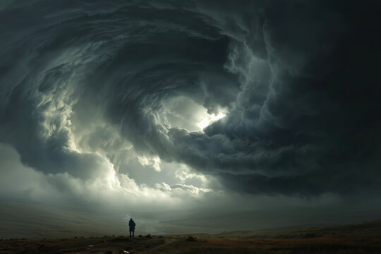 cloudscape spiral of tornado clouds in dark gray rolling over vast plains, lone person beneath vast swirling opening, photorealistic