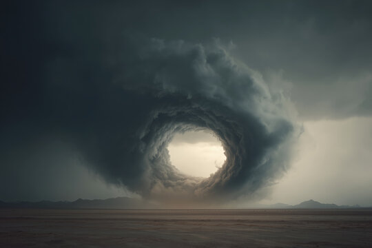 cloudscape spiral of tornado clouds in dark gray rolling over vast plains, round beige opening and distant mountains, photorealistic