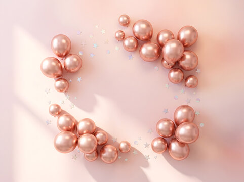 Rose gold balloons and star confetti on soft pink background