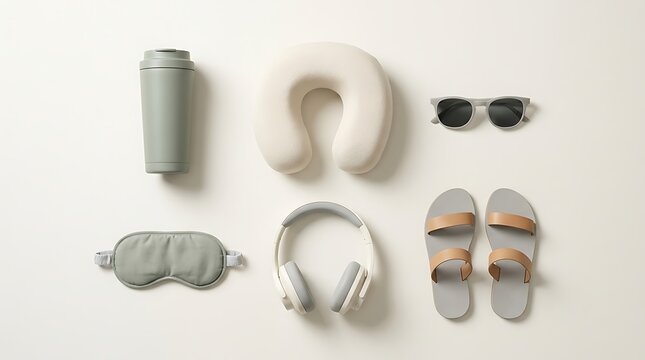 Travel essentials flat lay with neck pillow, eye mask, headphones, and sandals.