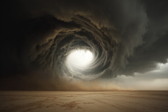 cloudscape spiral of tornado clouds in dark gray rolling over vast plains, bright circular eye above dusty ground, photorealistic