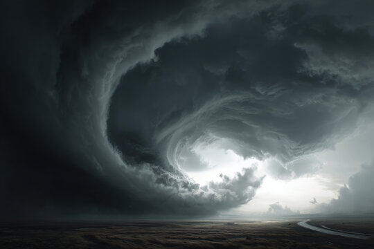cloudscape spiral of tornado clouds in dark gray rolling over vast plains, sweeping hooked vortex beside winding road, photorealistic