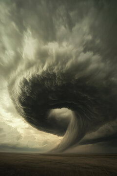 cloudscape spiral of tornado clouds in dark gray rolling over vast plains, swirling atmosphere, desert landscape, photorealistic