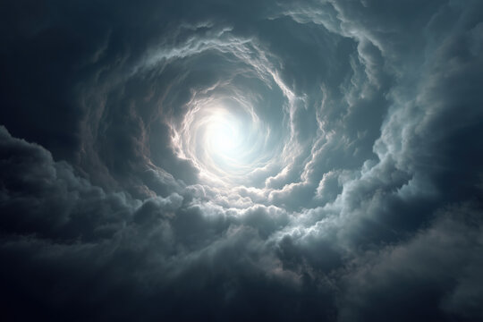 cloudscape tunnel of clouds in swirling vortex with white light shining through, blue gray spiral and luminous round center, photorealistic