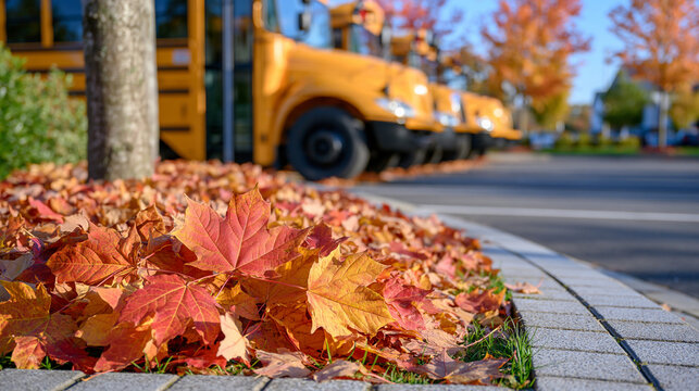 Neatly aligned bright yellow school buses parked diagonally across a sunlit school parking lot, rich piles of crimson, orange and golden leaves accumulated along the asphalt edges and around the tir