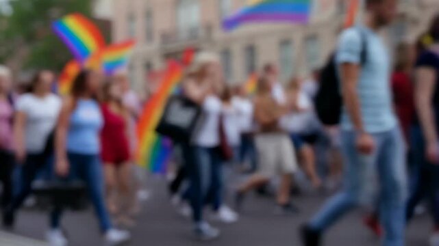 Intentionally blurred pride parade participants march along an urban street carrying rainbow flags. Lgbtq rights campaigns, diversity and inclusion advertising.