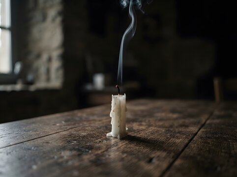 Extinguished candle with rising smoke on a rustic wooden table in a dark room