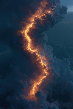 cloudscape with lightning and thunder, winding orange energy fissure along tall dark cloud column, photorealistic
