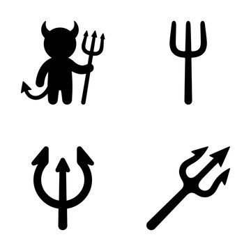 Devil figure holding trident with trident symbols