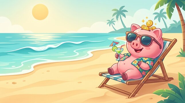 Pink piggy bank wearing sunglasses and holding a tropical drink while relaxing on a deck chair beside a sunny ocean beach, representing wealth, savings and a carefree lifestyle