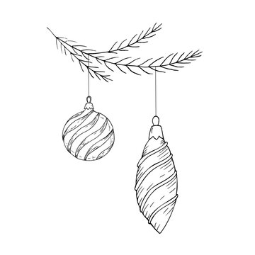 Vector Christmas baubles hanging on pine branch. Hand drawn minimalist holiday line art ornament isolated on white background. Doodle spruce branch illustration with icicle and sphere elements for wi