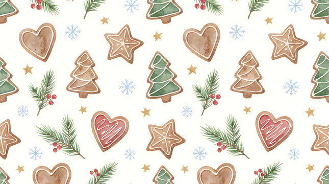 Gingerbread Cookies Pattern, Watercolor Festive Design, Holiday Baking Illustration