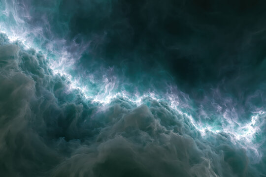 cloudscape with swirling clouds in teal and white, diagonal luminous seam between dark billowing layers, photorealistic