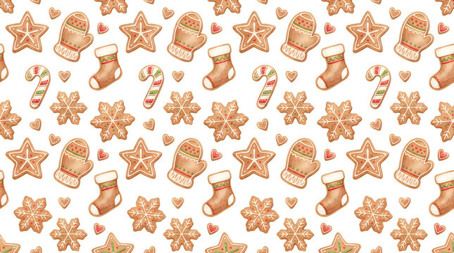 Gingerbread Cookies Repeating Pattern, Festive Holiday Background with Mittens, Stars, and Candy Canes
