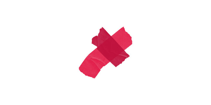 Two strips of pink adhesive tape crossed over each other isolated on transparent background