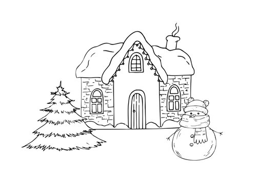 Vector cozy winter house layout with cute snowman and Christmas tree. Minimalist hand drawn graphic line art card for New Year holidays. Doodle winter village character elements isolated on white for 