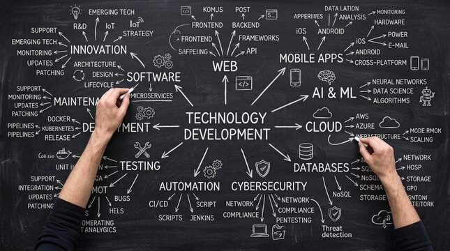 A comprehensive mind map detailing technology development, with various interconnected concepts drawn on a chalkboard. Two hands are visible, one writing innovation and the other cloud