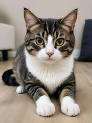 Tabby and white cat resting on the floor at home