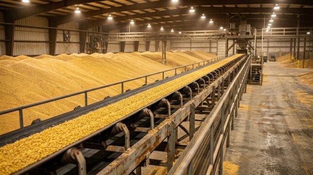 A long conveyor belt transports yellow corn inside a large warehouse, showcasing the scale of a grain silo harvest operation during industrial storage processing
