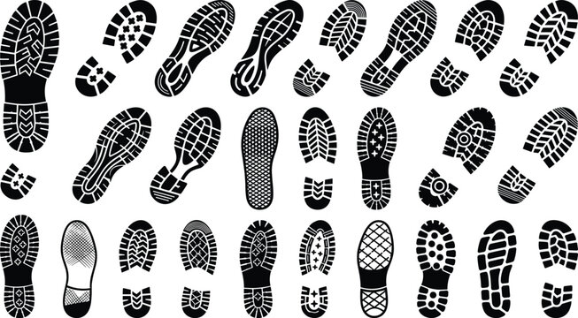 Shoe sole tread pattern silhouette collection featuring assorted footwear prints for outdoor and footwear design
