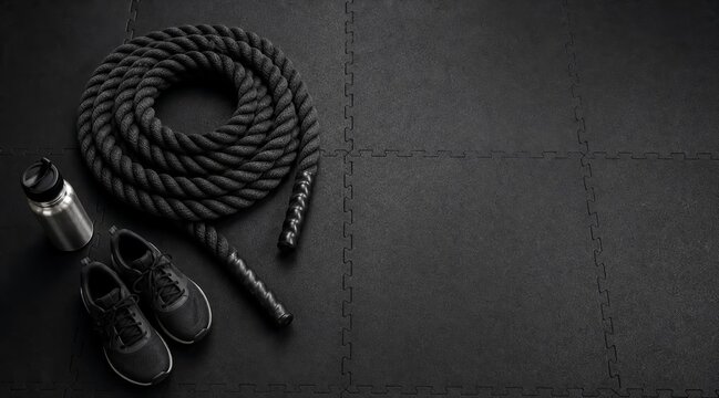 Battle rope and athletic gear on gym floor layout