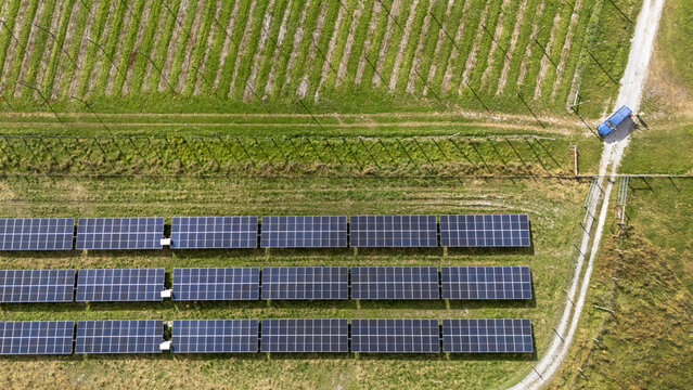 Aerial view of a solar panel array installed on a hop farm with rows of hop plants, a dirt road, and a blue vehicle in Murchison, Tasman Region, New Zealand.