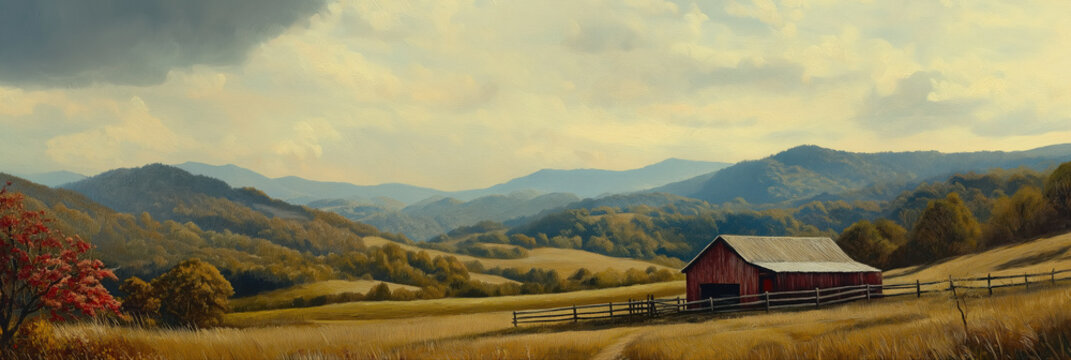 landscape panorama with red barn among golden fields and autumn mountains beneath a soft sky, photorealistic