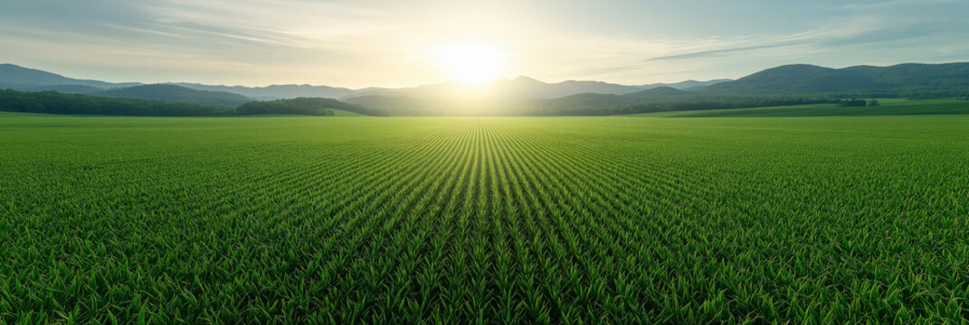 landscape panorama with soybean plantation stretching across a flat green plain toward low mountains, photorealistic